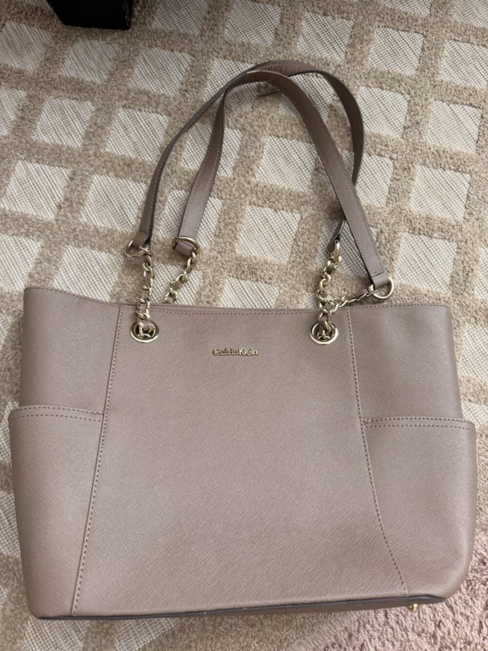 Calvin Klein Hayden Saffiano Tote Taupe Chain-Link Shoulder Bag Gold Hardware